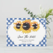 Blue Gingham Rustic Sunflower Weduwfoto Save The Date (Staand voorkant)
