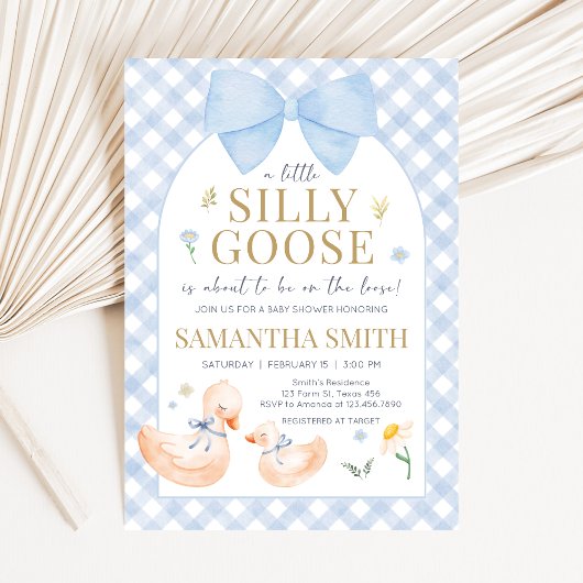 Blue Gingham Silly Goose Baby Shower Kaart