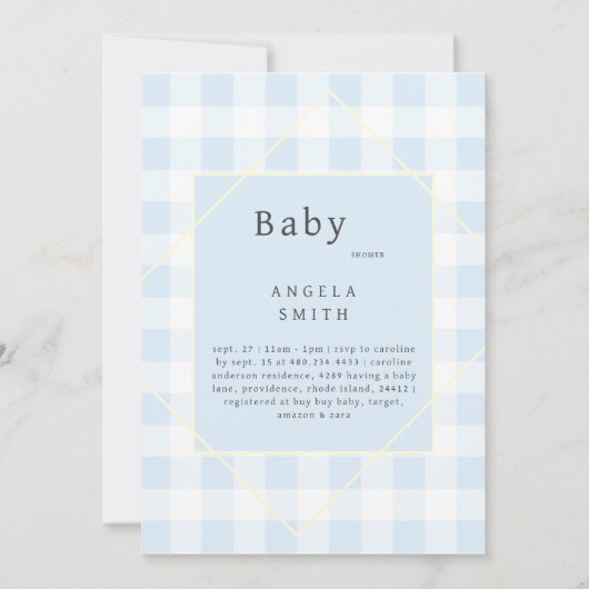 Blue Gingham Simple Baby shower Kaart (Voorkant)