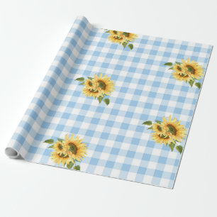 Blue Gingham Sunflower Baby shower Wrapping Paper Cadeaupapier