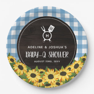 Blue Gingham & Sunflower Rustic Baby-Q Shower Papieren Bordje