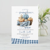 Blue Gingham Sweet Pumpkin Baby shower Kaart (Staand voorkant)