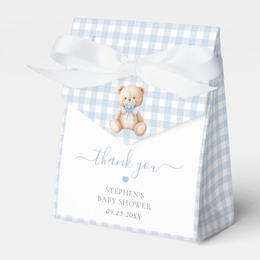 Blue Gingham Teddy Bear-Baby shower Bedankdoosjes (Voorkant Zijde)