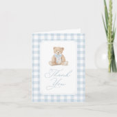 Blue Gingham Teddy Bear Baby Shower Bedankkaart (Voorkant)
