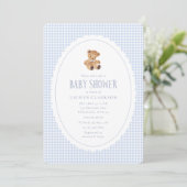 Blue Gingham Teddy Bear Baby Shower Invitation (Debout devant)