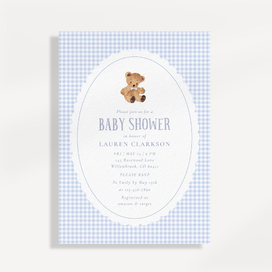 Blue Gingham Teddy Bear Baby Shower Invitation