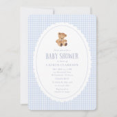 Blue Gingham Teddy Bear Baby Shower Invitation Aankondiging (Voorkant)