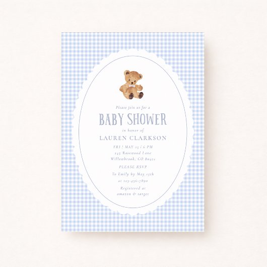 Blue Gingham Teddy Bear Baby Shower Invitation Aankondiging