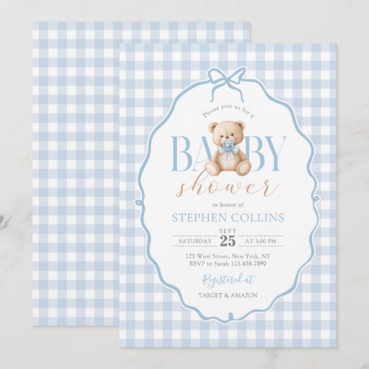 Blue Gingham Teddy Bear-Baby shower Kaart (Voorkant / Achterkant)
