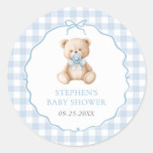 Blue Gingham Teddy Bear-Baby shower Ronde Sticker (Voorkant)