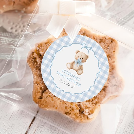 Blue Gingham Teddy Bear-Baby shower Ronde Sticker