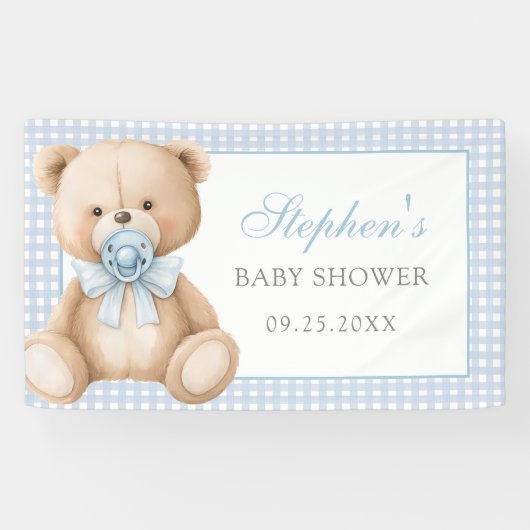 Blue Gingham Teddy Bear-Baby shower Spandoek (Horizontaal)
