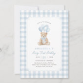 Blue Gingham Teddy Bear Beary First Birthday Kaart (Voorkant)