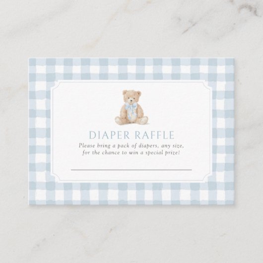 Blue Gingham Teddy Bear Diaper Raffle Ticket Informatiekaartje (Voorkant)