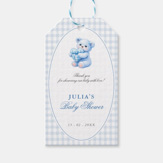 Blue Gingham Teddy Bear Neutral Baby Shower Cadeaulabel (Voorkant)