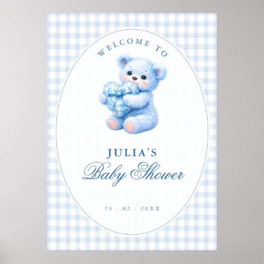 Blue Gingham Teddy Bear Neutral Baby Shower Poster (Voorkant)