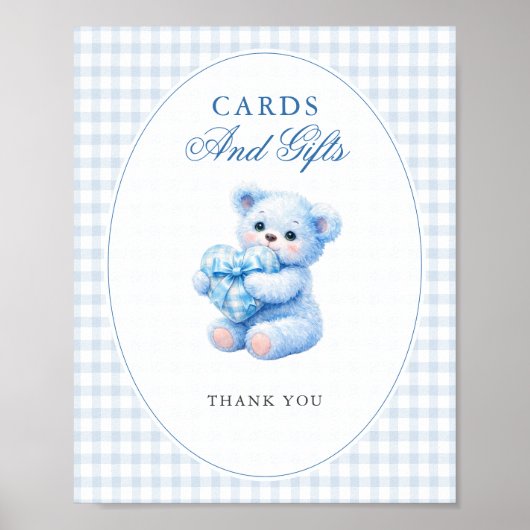 BLUE GINGHAM TEDDY BEAR NEUTRAL BABY SHOWER POSTER (Voorkant)