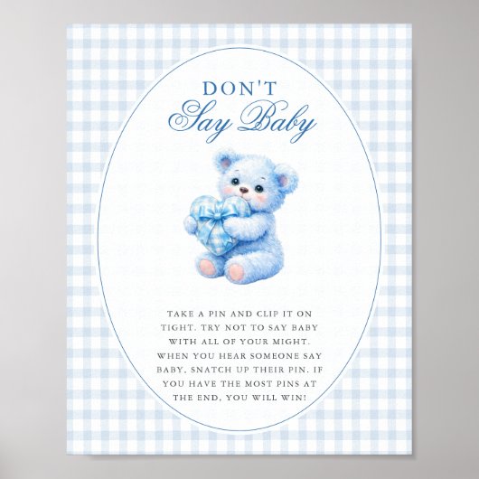Blue Gingham Teddy Bear Neutral Baby Shower Poster (Voorkant)