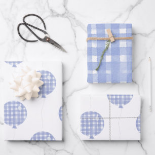 Blue Gingham Waterverf Ballon Wrapping Paper