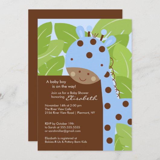 Blue Giraffe Boy Baby shower Uitnodiging (Voorkant / Achterkant)
