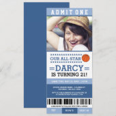 Blue Girl Basketball Ticket Birthday Invites Kaart (Voorkant / Achterkant)