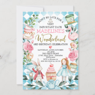 Blue Girls Alice in Wonderland Birthday Invitation Kaart