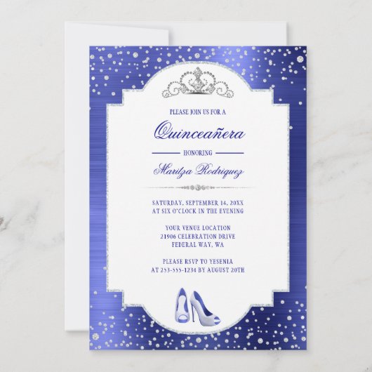 Blue Glam Diamond Sparkle Quinceañera Invitation (Dos)