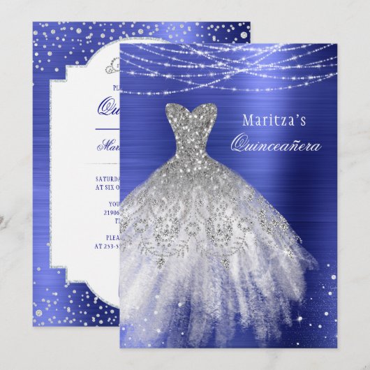Blue Glam Diamond Sparkle Quinceañera Uitnodiging (Voorkant / Achterkant)