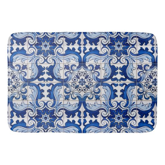 Blue Glazed Azulejo Tegel Floral Pattern Badmat (Voorkant)