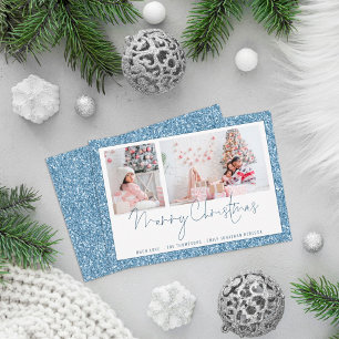 Blue Glitter 2 Photo Script Merry Kerstmis Kaart