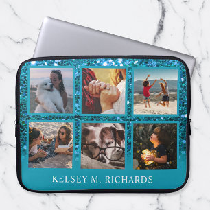 Blue Glitter 6 Photo Collage met naam Laptop Sleeve