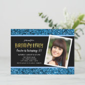 Blue Glitter Any Age Foto Uitnodiging Verjaardag (Staand voorkant)