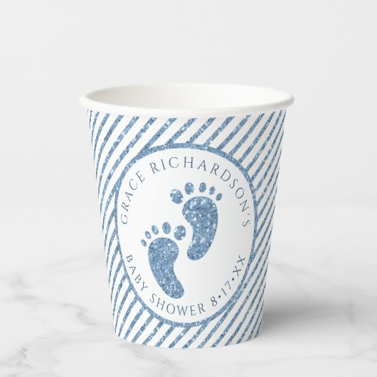 Blue Glitter Baby Feet Baby shower Gepersonaliseer Papieren Bekers (Voorkant)