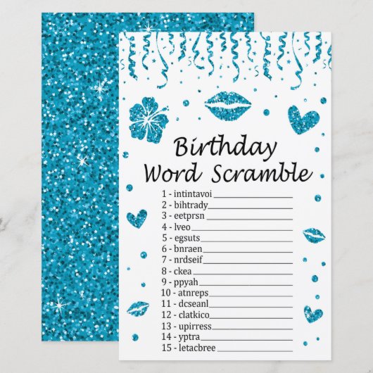 Blue glitter Birthday Word Scramble Game (Voorkant / Achterkant)