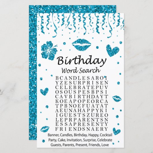 Blue glitter Birthday Word Search Game (Voorkant / Achterkant)