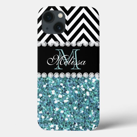BLUE GLITTER BLACK CHEVRON MONOGRAMMED Case-Mate iPhone CASE (Achterkant)