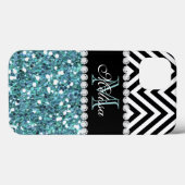 BLUE GLITTER BLACK CHEVRON MONOGRAMMED Case-Mate iPhone CASE (Achterkant (horizontaal))