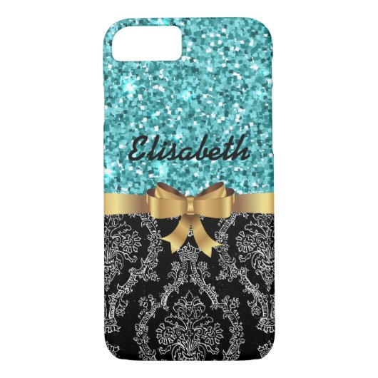 Blue GLITTER BLACK DAMASK GOLDEN BOW MONOGRAM Case-Mate iPhone Case (Achterkant)