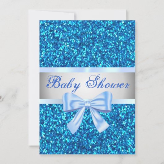 Blue Glitter Blue Bow Baby shower Invitation Kaart (Voorkant)
