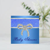 Blue Glitter Diamond Bow Baby shower Invitation Kaart (Staand voorkant)