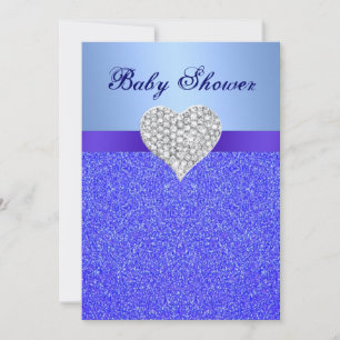 Blue Glitter Diamond Heart Baby shower Invitation Kaart