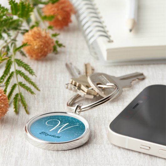 Blue Glitter Diamond Sparkles Monogram Silver Sleutelhanger (Zijkant)