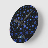 Blue glitter dog paw pattern, Monogram  Ronde Klok (Hoek)