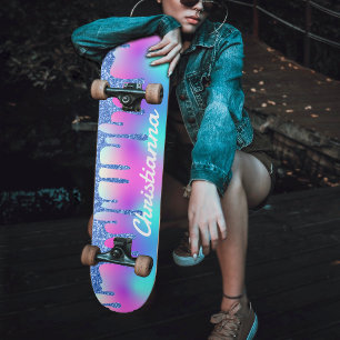 Blue Glitter Drip Fluorescerend Neon Roze & Paarse Skateboard