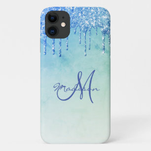 Blue Glitter Drip Name Sparkles Glam Girly iPhone 11 Hoesje