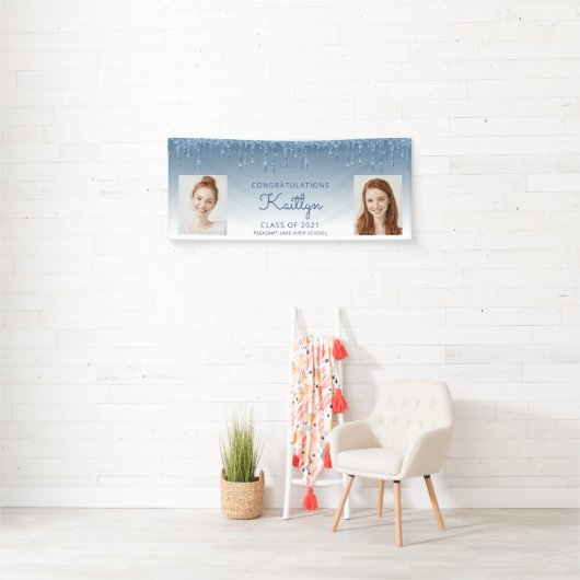 Blue Glitter Drip Two Photo Afstuderen Banner (Insitu)