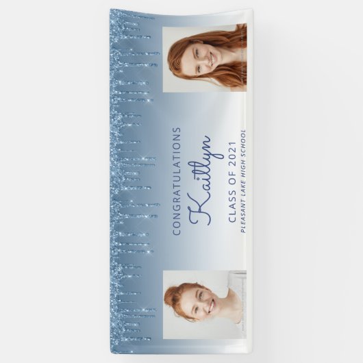 Blue Glitter Drip Two Photo Afstuderen Banner (Verticaal)