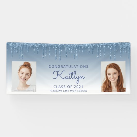 Blue Glitter Drip Two Photo Afstuderen Banner (Horizontaal)