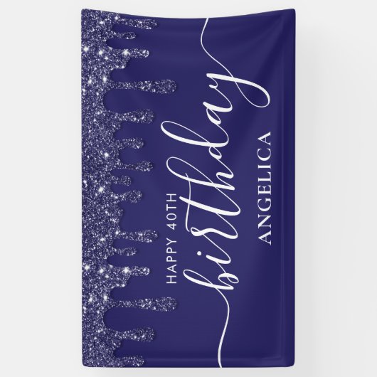 Blue Glitter Dripping Custom Happy 40th Birthday Spandoek (Verticaal)