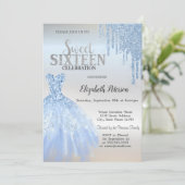 Blue Glitter Drips, Blue Dress Silver Sweet 16 Kaart (Staand voorkant)